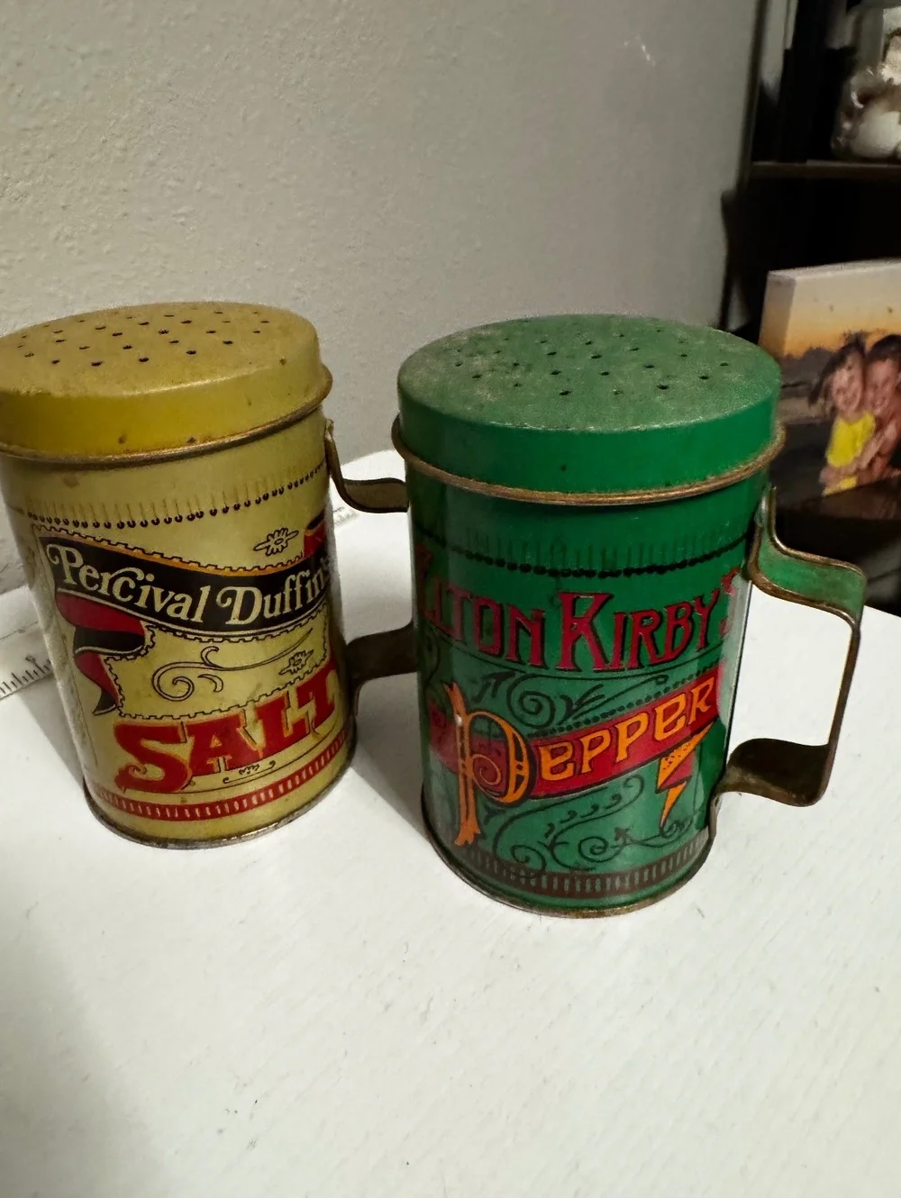 Vintage Tin Salt Pepper Shakers Percival Duffin & Elton Kirby’s Made Hong Kong